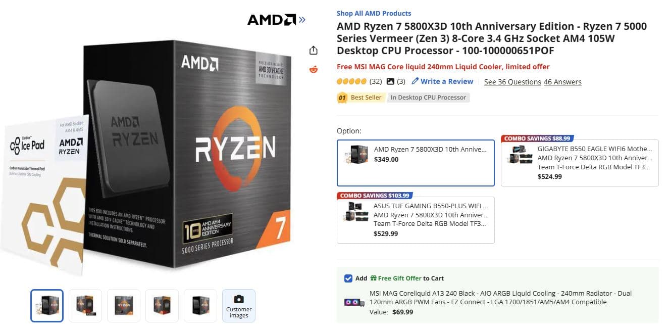AMD Ryzen 7 5800X3D 10th Anniversary Edition bundle with free MSI 240mm AIO cooler on Newegg