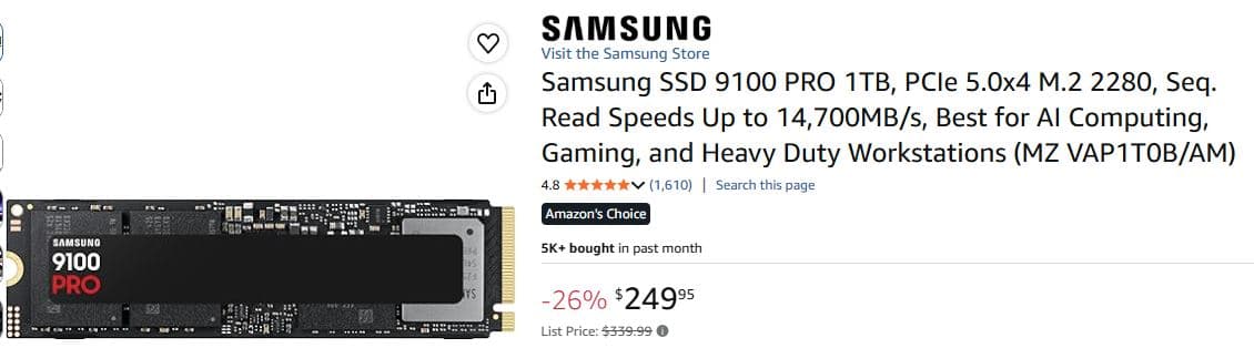 Samsung 9100 PRO 1TB PCIe 5.0 NVMe SSD listing on Amazon showing $249 price