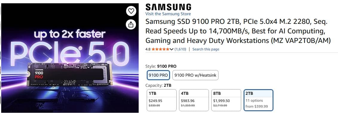 Samsung 9100 PRO 2TB PCIe 5.0 NVMe SSD listing on Amazon showing $399 price