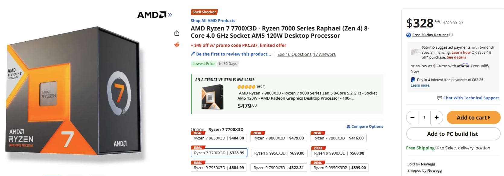 AMD Ryzen 7 7700X3D listing on Newegg showing promo details