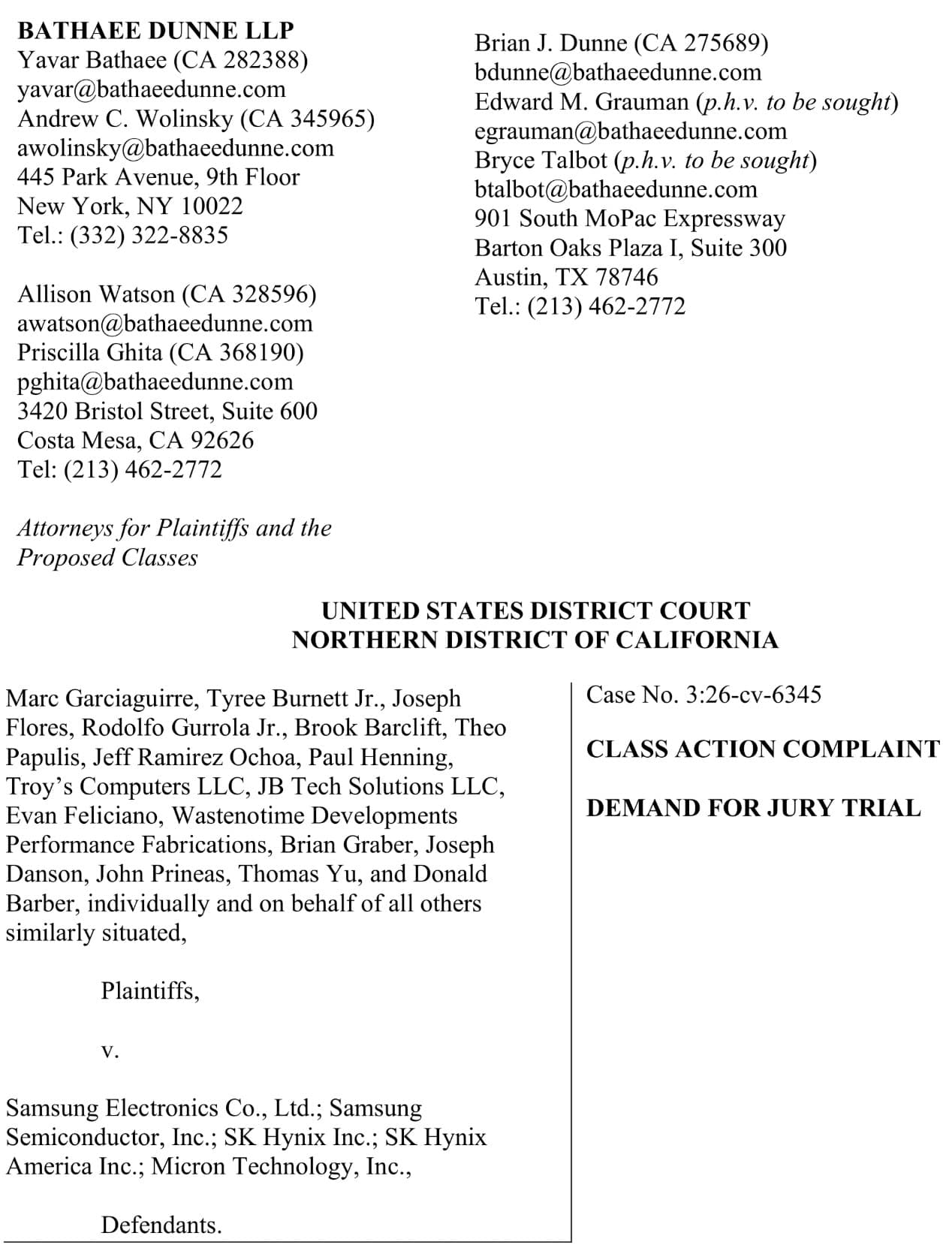 Lawsuit document listing Bathaee Dunne LLP attorneys and details of the class action complaint against Samsung and others, Case No. 3:26-cv-6345