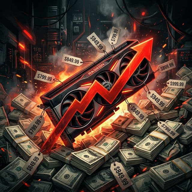 AMD GPU with upward price arrow and dollar bills symbolizing the graphics card price increase