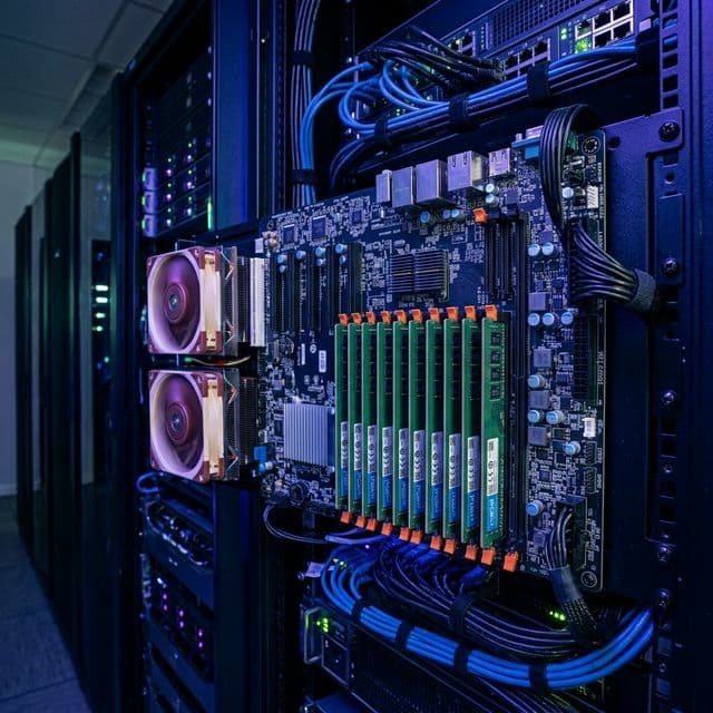 Rows of memory slots on a motherboard installed inside an enterprise datacenter server cabinet rack