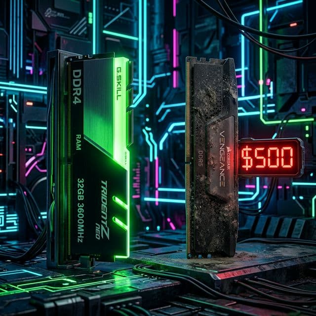 A detailed comparison of a green DDR4 RAM stick next to a DDR5 RAM stick under red lighting