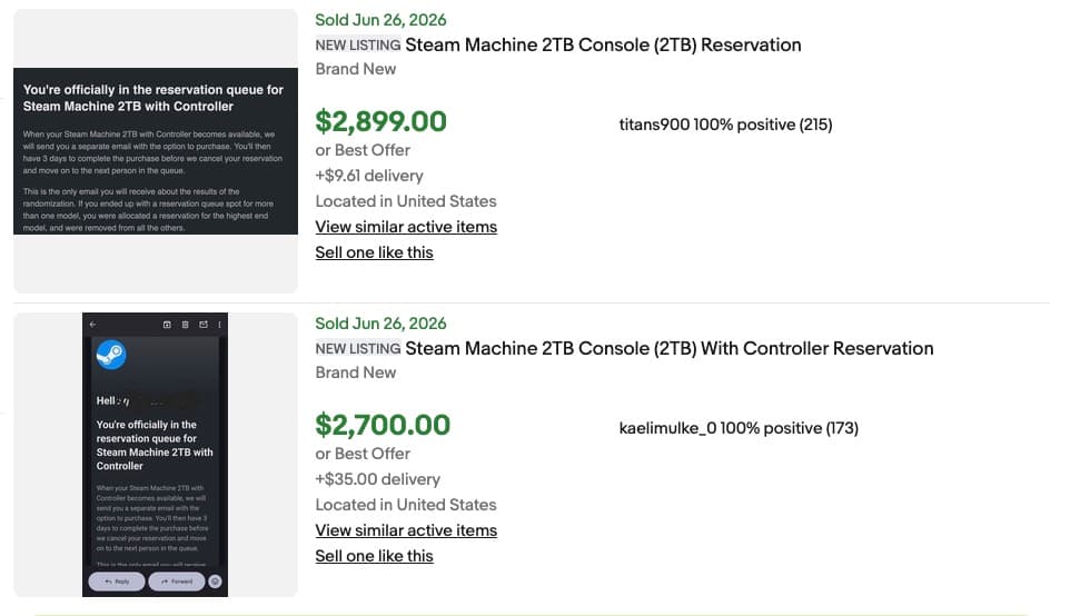 Screenshot showing eBay listings of Steam Machine reservations for values starting at $2,700