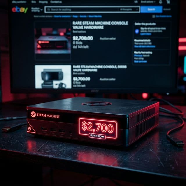 A Steam Machine console with a red sticker indicating a $2,700 price tag, representing hardware scalping