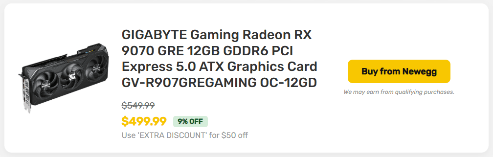 GIGABYTE Radeon RX 9070 GRE listing on Newegg showing the $499 discounted price